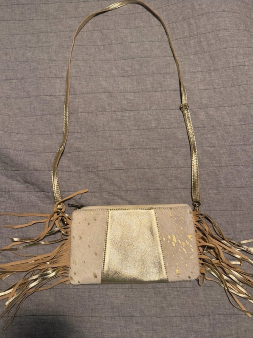 Gold and Taupe Fringe Crossbody Bag